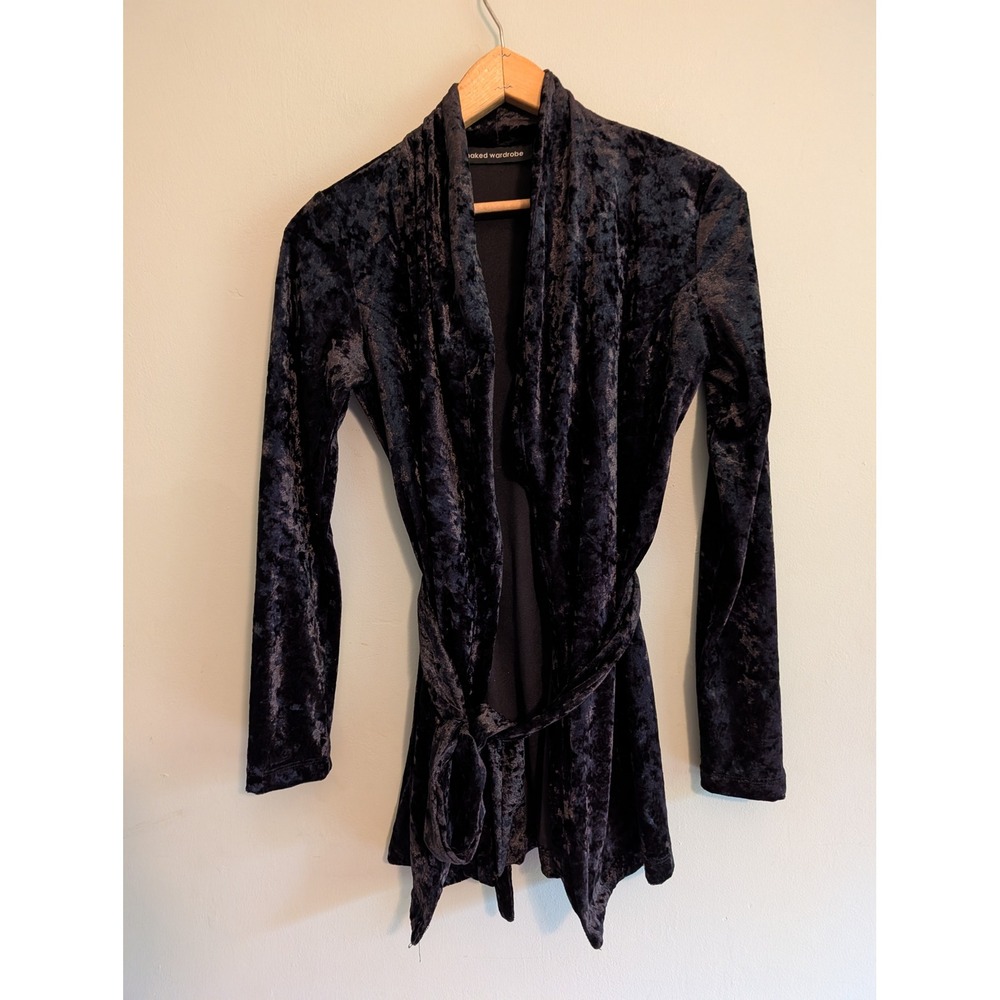 Y2K Black Crushed Velvet Wrap Cardigan Tie Waist Top Witchy Whimsigoth Dark Fair